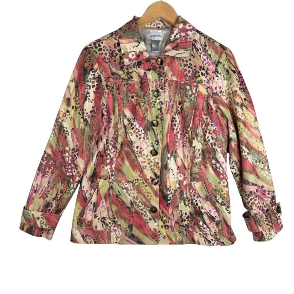 Chico's Artistic Floral Leopard Print Button Front Jacket size 1 (US Medium)